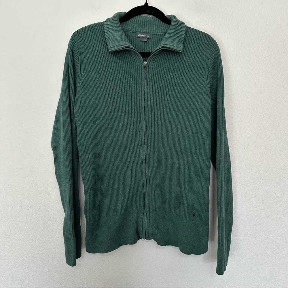 Eddie Bauer green ribbed knit polo collar full zip womens sweater size Large